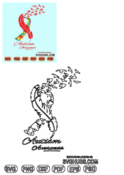 Autism Awareness feather birds ribbon SVG design featuring the autism awareness ribbon with puzzle pieces, a feather and flying birds, love, hope symbol