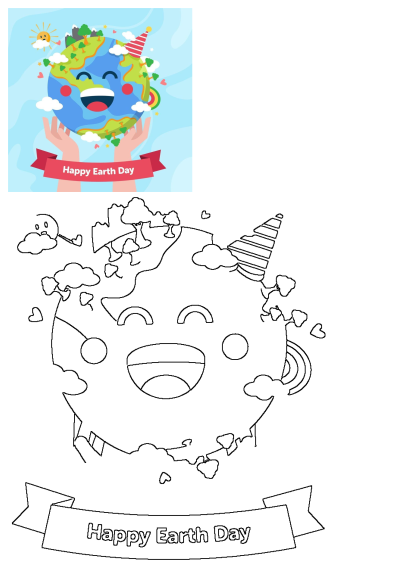 Someone is holding up a happy Earth Day card, featuring a smiling cartoon earth, trees, clouds, and the sun. Celebrate Earth Day!