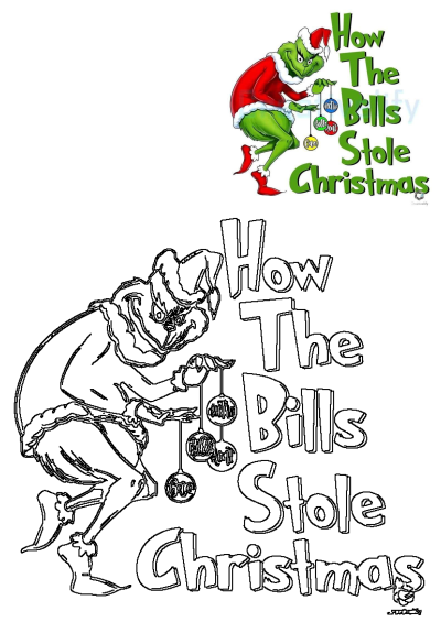 Cartoon of the Grinch stealing Christmas with the words "How The Bills Stole Christmas" - A humorous image about financial burdens during the holidays.