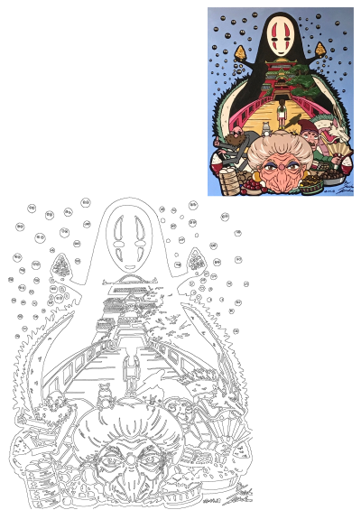 Fan art painting of Spirited Away, featuring No-Face, Yubaba, and Chihiro, surrounded by food and other iconic characters. A vibrant tribute.