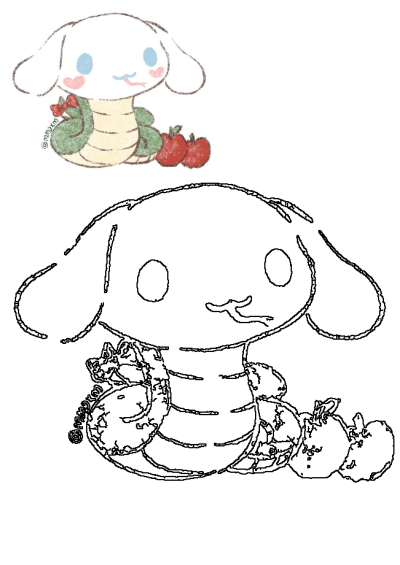 A charming drawing featuring a rabbit-snake hybrid adorned with a red bow, sitting next to ripe red apples. Its a unique and cute illustration.