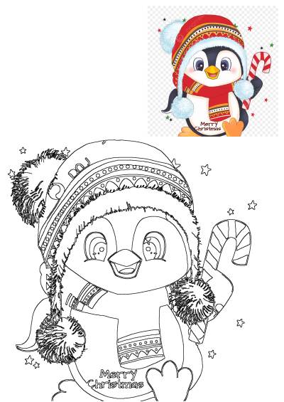 Cute penguin wearing a Santa Claus hat and holding a candy cane. Festive cartoon animal with Christmas greeting and holiday cheer.