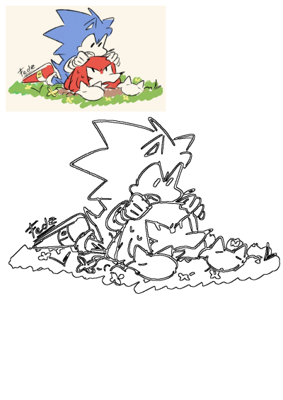 K-N-U-X: Cartoon illustration of Sonic the Hedgehog holding onto Knuckles' head, set in grass with flowers. Fan art depiction.