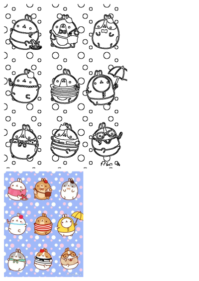 Cute cartoon animals on a blue background with colorful polka dots. This image features kawaii Molang-inspired bunnies in various adorable outfits.