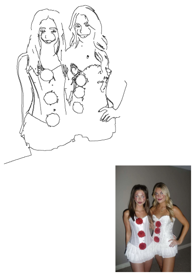 Two young women are dressed in scary clown costumes with white corsets and red pompoms, perfect for Halloween. Clown face with white contact lenses.