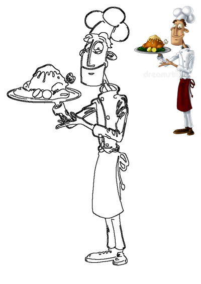 Cartoon chef holding a platter with roasted chicken. Perfect for culinary, royalty or restaurant-themed projects and designs.