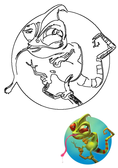 A cartoon chameleon is clinging to a branch with his tongue sticking out. The creature has large eyes and bright color.