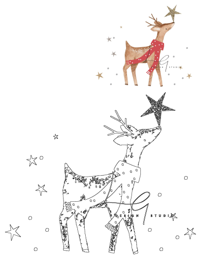 Festive watercolor reindeer in a red scarf reaching for a glitter star, presented alongside its detailed black outline design.