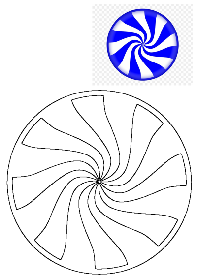 Blue and white striped button featuring a captivating swirl design in the center. A visually appealing graphic element.
