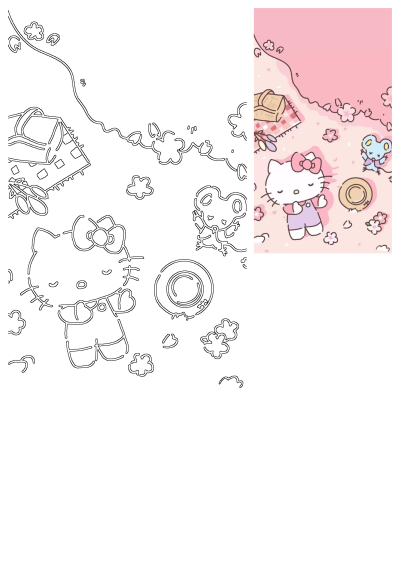 A pink and white Hello Kitty wallpaper depicting a cute picnic scene with Hello Kitty, a mouse, and picnic accessories.