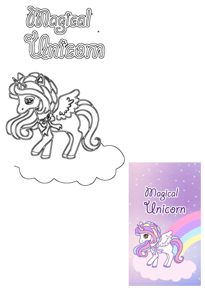 A beautiful magical unicorn, depicted as both a detailed black outline drawing and a vibrant colored illustration with rainbow, stars, and clouds.