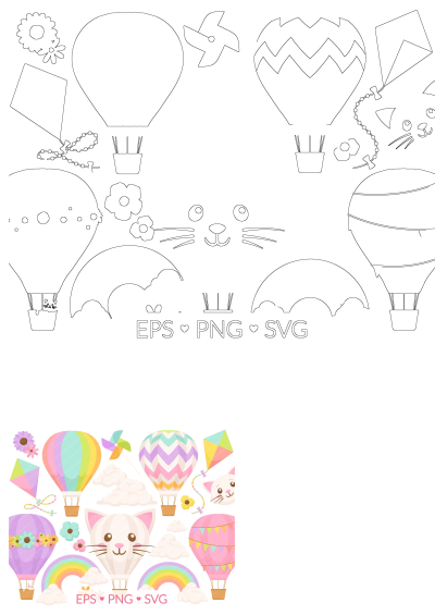 Cute cartoon style illustration featuring colorful hot air balloons, a cat kite, flowers, rainbows, pinwheel, and clouds for a cheerful vibe.