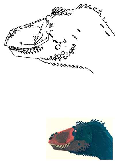 Drawing of a dinosaur's head with its mouth open, sharp teeth, and textured skin. An illustration perfect for educational or creative projects.