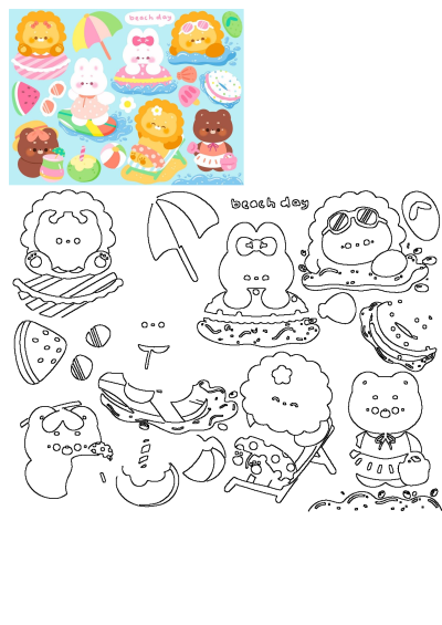 Cartoon animals enjoying a beach day, surrounded by umbrellas and summer items. Cute lions, bunnies, and a bear having fun in the water.