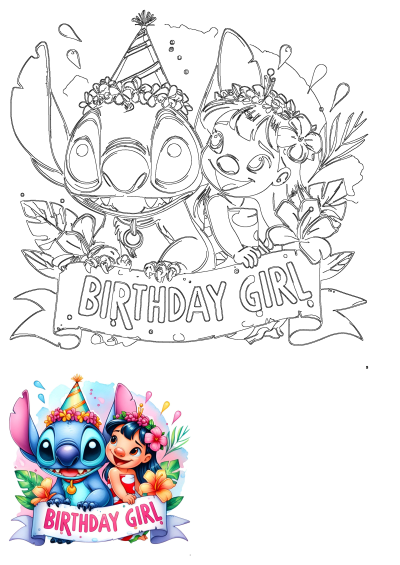 Birthday Stitch and Lilo drawing, perfect for party decorations. Ideal for Stitch Birthday celebrations and Lilo and Stitch fans.