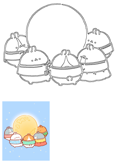 A group of cute, round bunnies wearing colorful traditional attire are celebrating the moon festival under a bright, glowing moon.