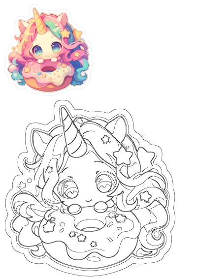 Adorable unicorn with rainbow hair, golden horn, and big eyes hugging a sprinkled donut. Features both full-color and line art.