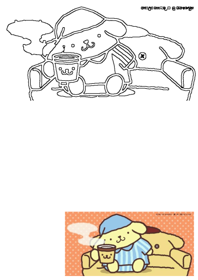 Drawing of the Sanrio character Pompurin as a teddy bear, holding a cup of coffee and sitting on a couch. A relaxing, cozy scene.