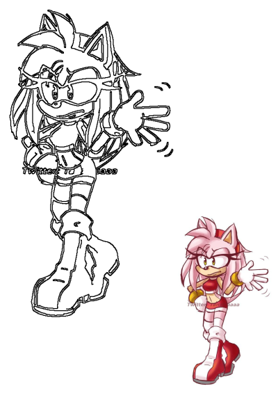 Cartoon image of Amy Rose, a Sonic character in red and white. Her hands are out to the side. She is wearing red top and boots.