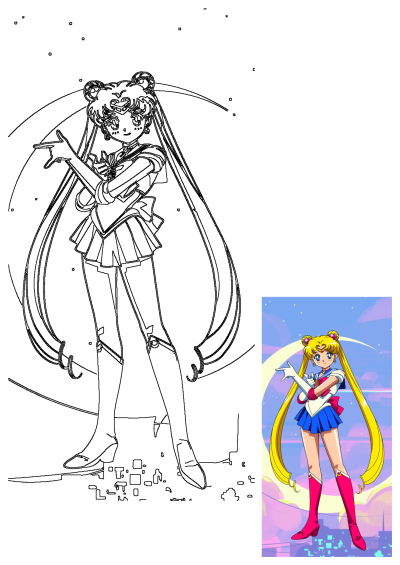 Sailor girl with long blonde hair, in front of a moon and cityscape. Anime art of Sailor Moon in a full body pose, ready for action!