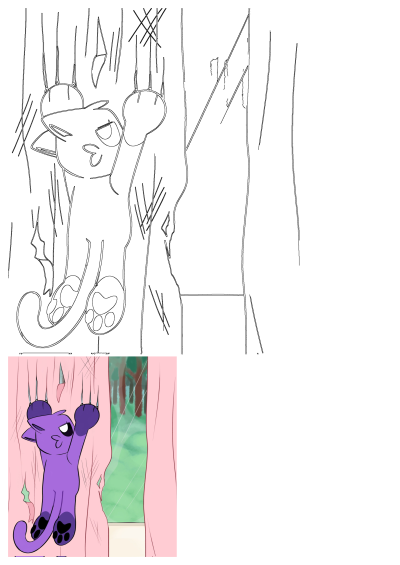 A purple cat hanging upside down, scratching at curtains near a window. I love you is not written on it as described in the alt text.