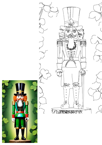 Festive green nutcracker figure with shamrocks for St. Patrick's Day, alongside its detailed outline drawing.