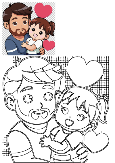 Cartoon drawing of a loving father holding his daughter. Two hearts float nearby, showing affection and love between a father and his child.