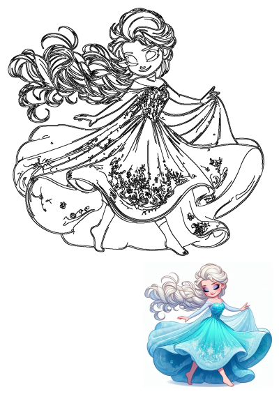 Cartoon-style image of Elsa in a beautiful blue dress, her hair is flowing in the air. It is an image of a woman in a blue dress with her hair flying through the air