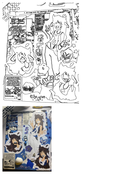 Cool cow character in a blue-themed sketchbook. Art journal with collage elements, drawings, and ephemera. Sketchbook art journal inspiration.