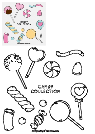 Hand-drawn candy collection featuring colorful lollipops, assorted candies, and sweet treats in a fun, whimsical style. Perfect for any sweet tooth!