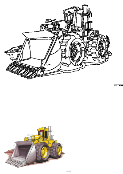 Drawing of a yellow bulldozer sitting in the dirt, illustration of heavy construction equipment. CAT brand bulldozer.