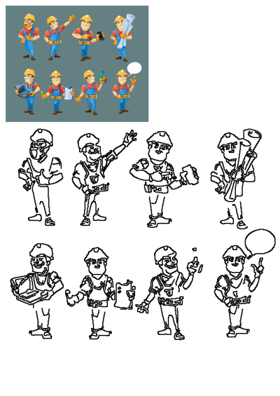 Cartoon construction worker in different poses and gestures, holding a wrench, and blueprints. Perfect for illustrating construction themes.