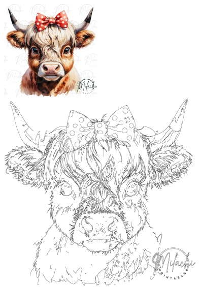 Cute Highland cow PNG with a red polka dot bow. A farm animal sublimation design perfect for shirts, mugs, and stickers.