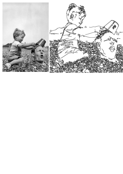 a young boy is playing with an older man's hair dryer on the beach