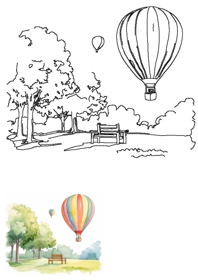 Watercolor painting of a park bench with trees and a vibrant hot air balloon soaring above. Serene outdoor scene with artistic flair.
