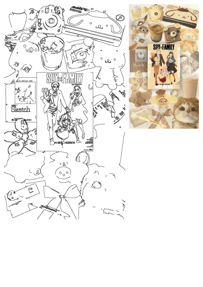 A collage of teddy bears, Spy x Family anime, Pompompurin items, and drinks. An assortment of teddy bears and other items are arranged.