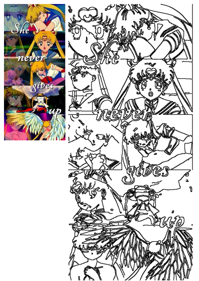 Sailor Moon collage showcasing her resilience, featuring a variety of expressions and scenes with the text 'She Never Gives Up'.