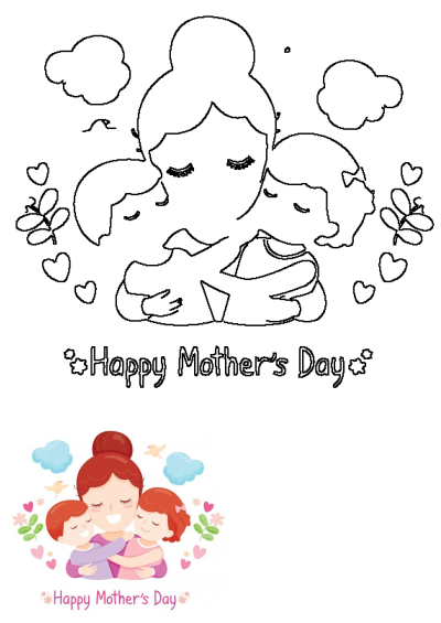 Happy Mother's Day illustration features a loving mother being embraced by her two children in a heartwarming hug, surrounded by flowers.
