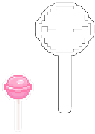 Image of a pink lollipop sticker with an 8-bit pixel design. Cute retro candy art in pixelated style.