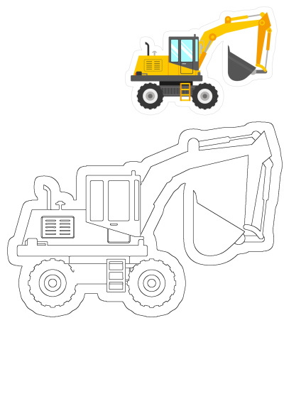 A yellow excavator is shown in the shape of a sticker. Perfect for construction, transportation, and vehicle-related purposes. 
