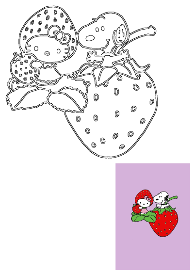 Cartoon image of Hello Kitty and Snoopy sitting on a large strawberry. Hello Kitty is holding another strawberry.