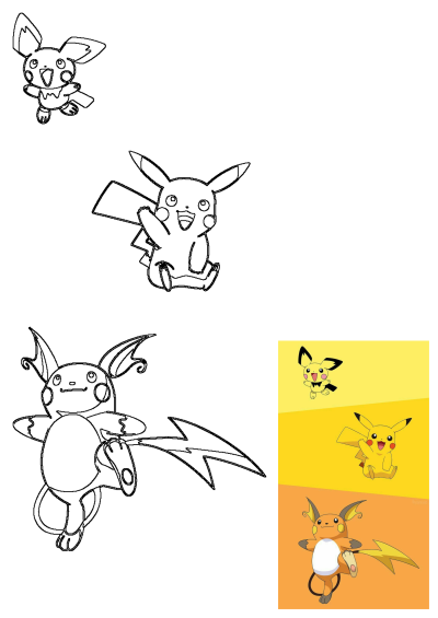Pichu, Pikachu, and Raichu are shown with a yellow-orange color scheme. Three different pokemons are shown in the same color scheme