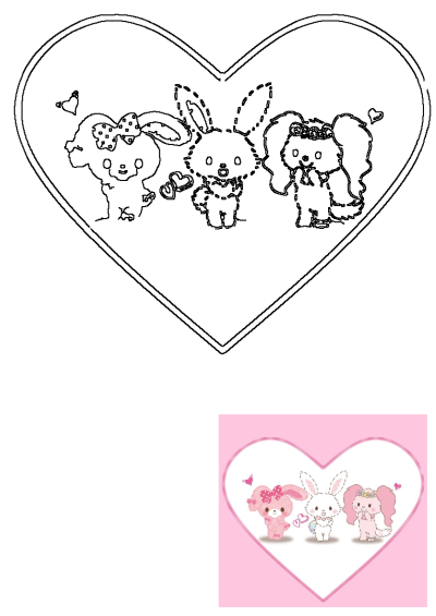 Two cartoon rabbits and a cartoon pink dog in the background of a big pink heart. Perfect image for a love or friendship theme.