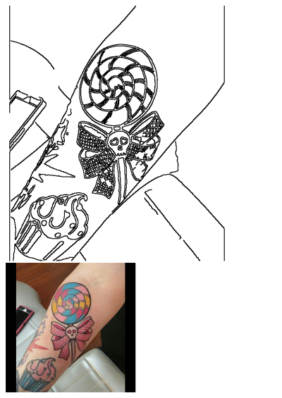 Person's arm showcasing tattoo art: a vibrant lollipop and cupcake design. View the inked sweets,a lollipop and cupcake tattoo art on skin.