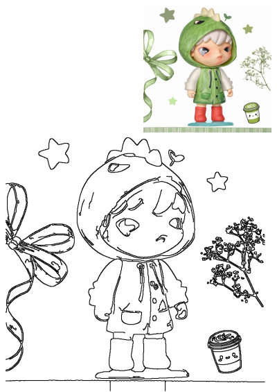 A sad dino doll with tearful eyes and a green dino hoodie, alongside a green ribbon, stars, a flower, and a cute matcha cup.