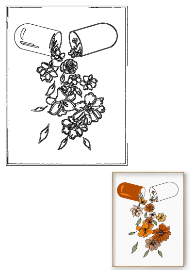 Orange and white poster featuring a pill capsule with flowers spilling out. Artistic and creative, inspired by nature and healing.