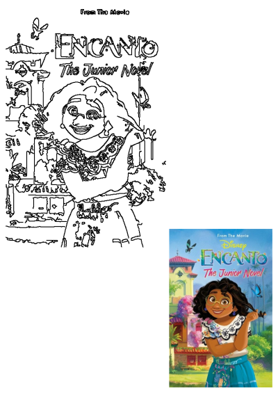 Encanto's Mirabel on The Junior Novel cover. The character from disney's encanto, the junior novel is shown in front of Casita and a blue sky.