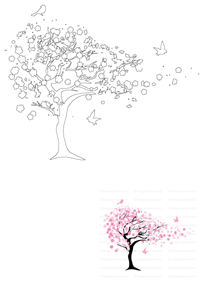 Vibrant vector art of a tree with pink flowers and birds flying around. A symbol of spring, beauty, and the joy of nature.