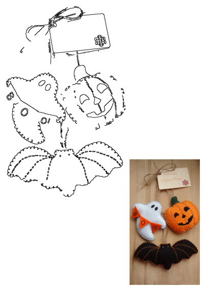 Two Halloween decorations hanging on a wooden table: a felt ghost with a 'BOO!' banner, a smiling pumpkin, and a black bat with orange stitching.