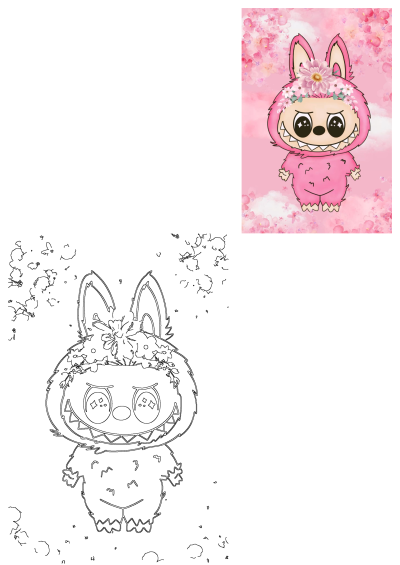 Cute cartoon illustration of a pink monster with big, sparkly eyes and a flower crown, set against a pastel pink floral background.